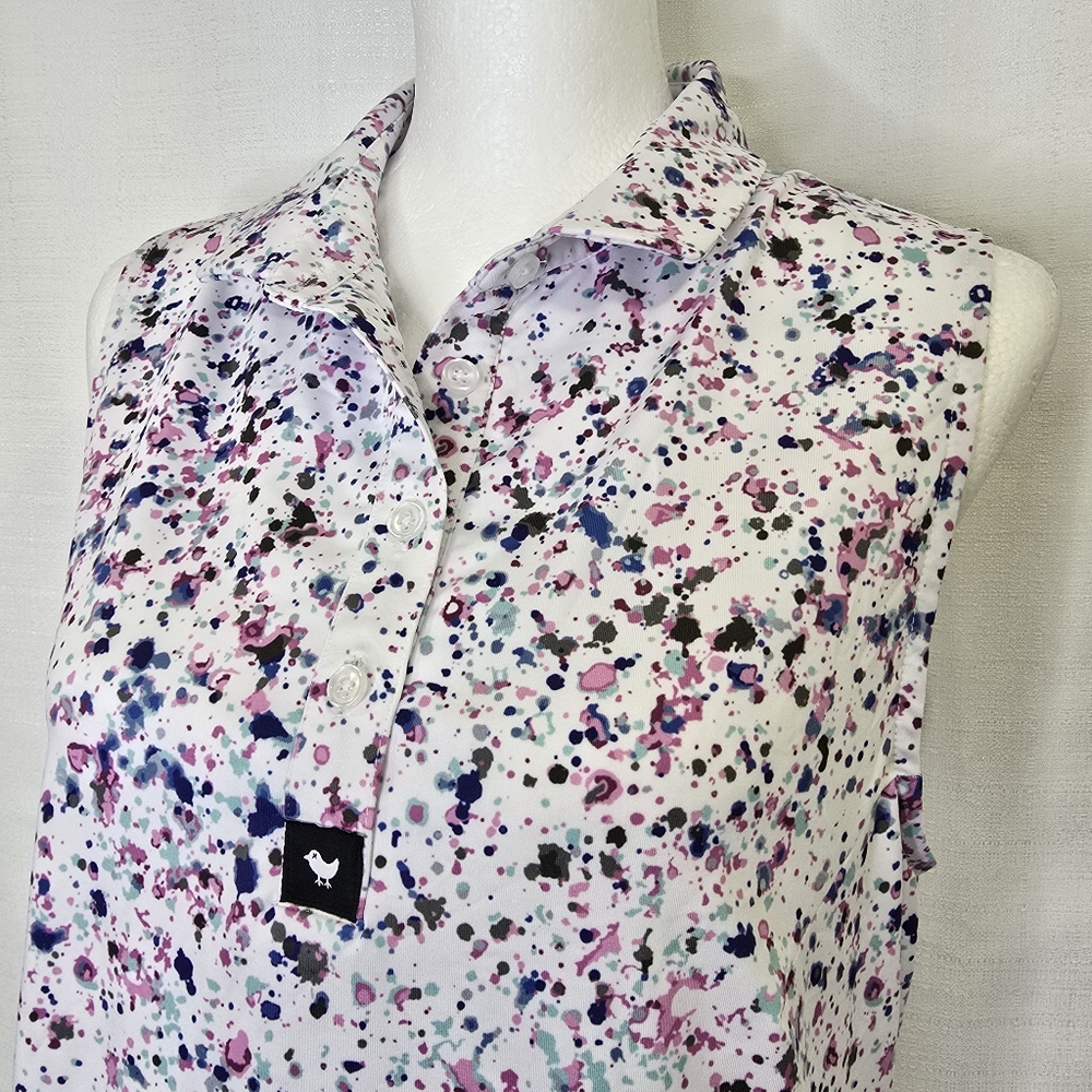 Bad Birdie Sleeveless Collared Golf Polo in White Multi Splatter - Picture 14 of 16